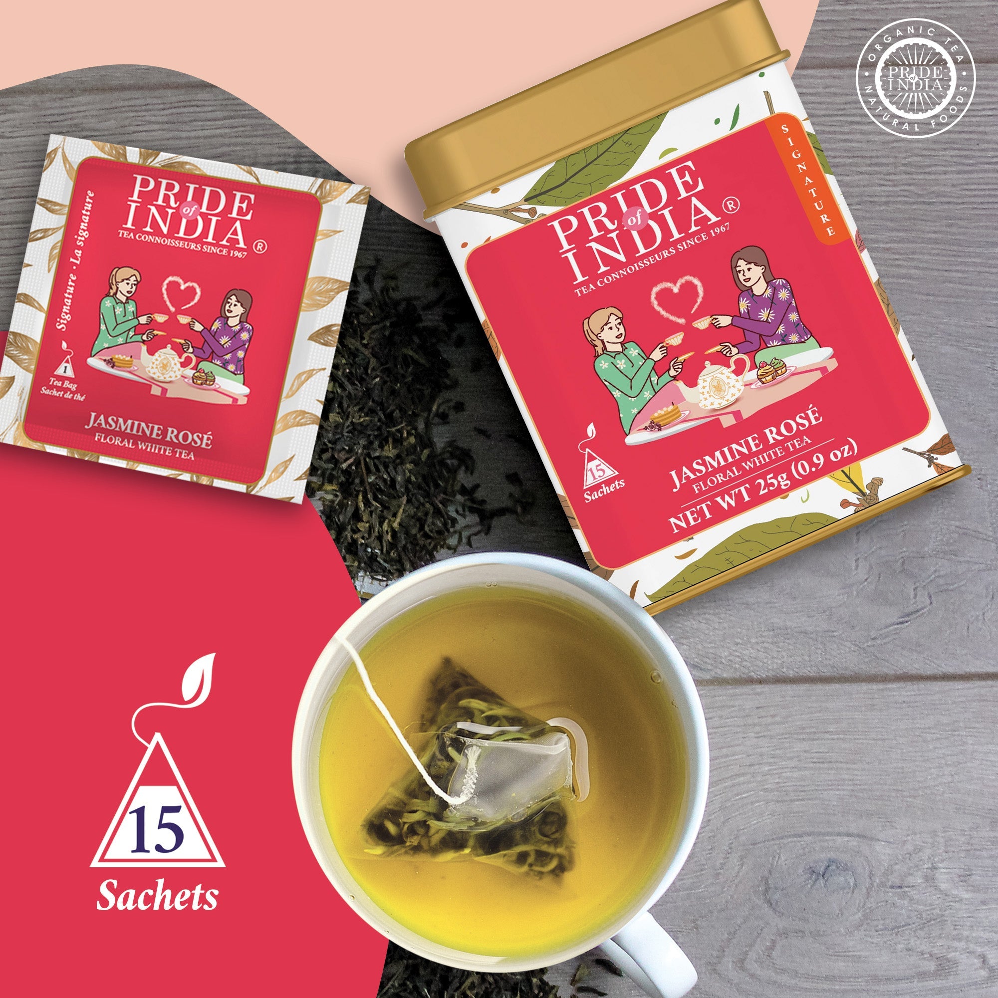 Jasmine rose floral white tea bags, premium single origin Darjeeling leaves individually wrapped in box — view 2