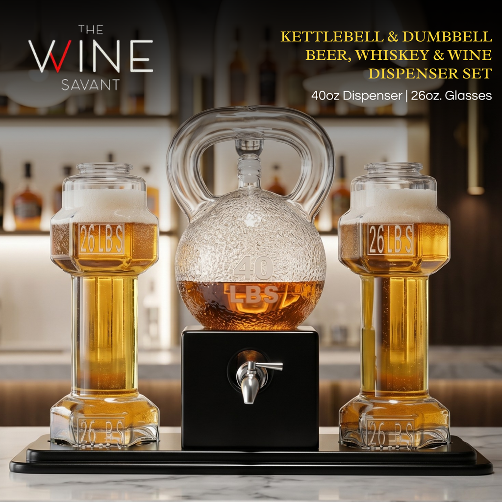 Clear glass kettlebell whiskey decanter and four dumbbell glasses on a wooden display base — view 2