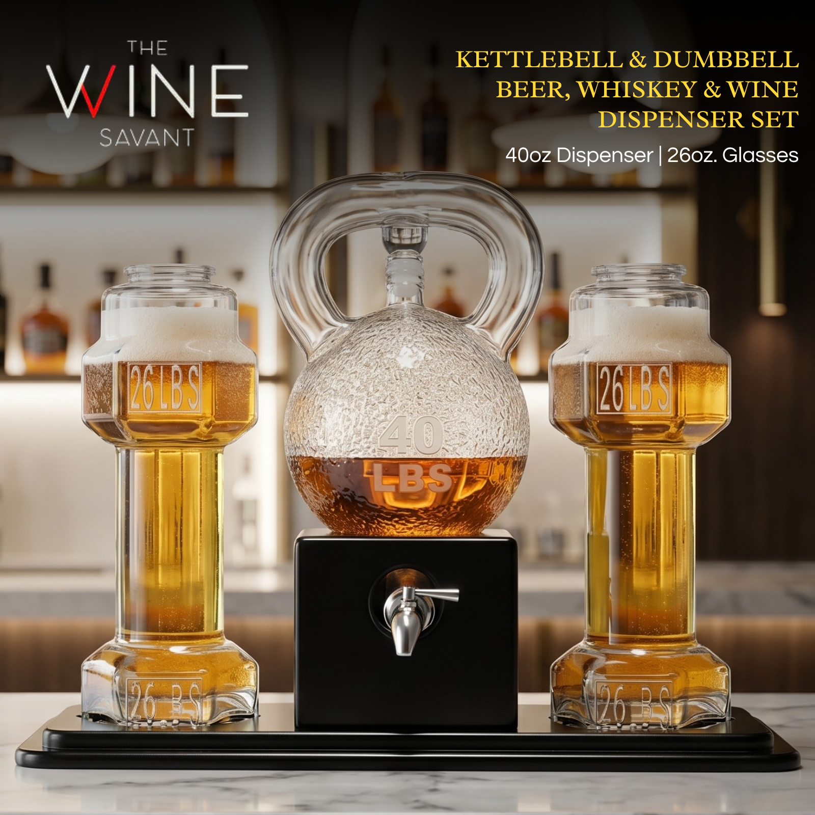 Clear glass kettlebell whiskey decanter and four dumbbell glasses on a wooden display base — view 2