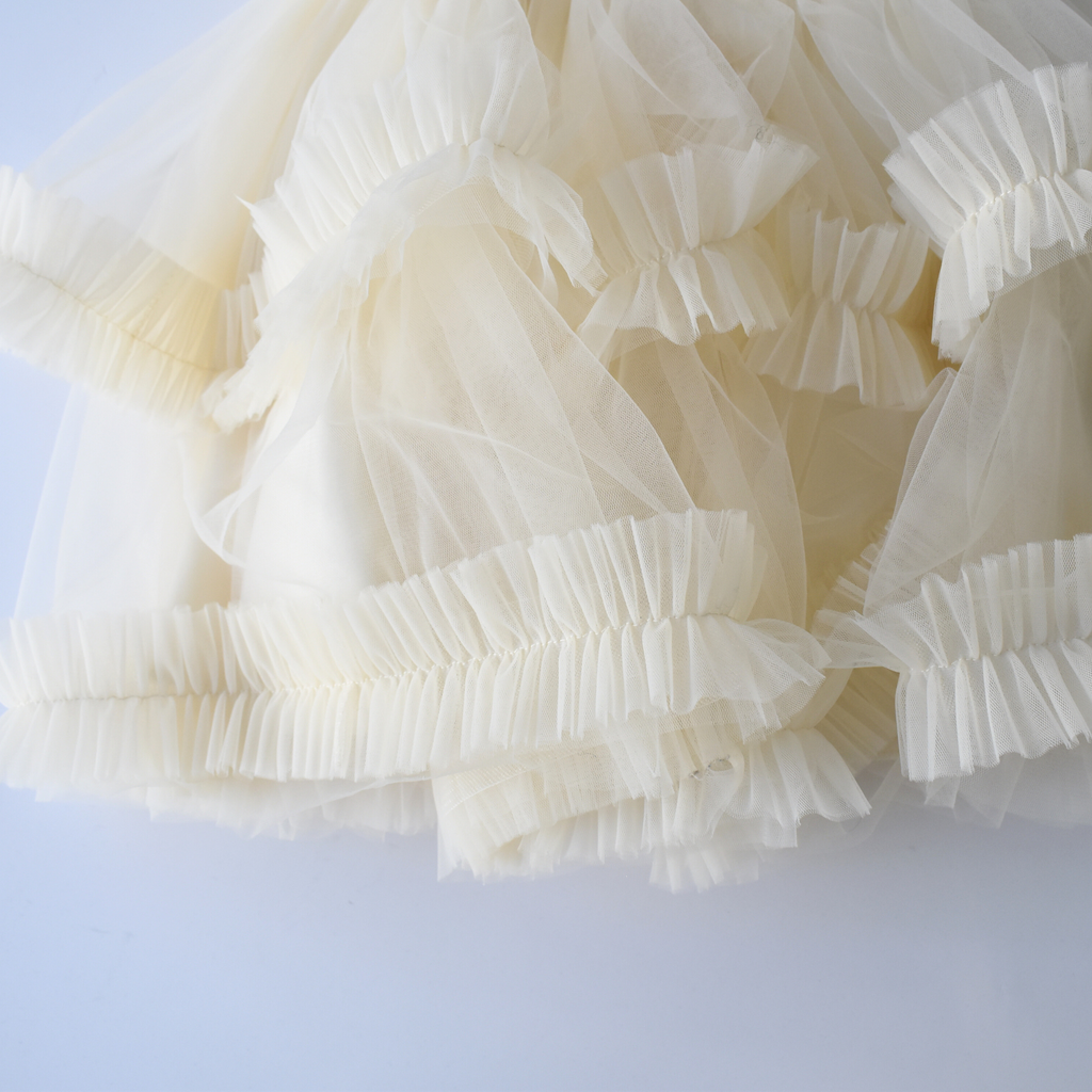 Feather Frida girls formal dress with satin bodice, feather waist, and layered tulle skirt — view 4