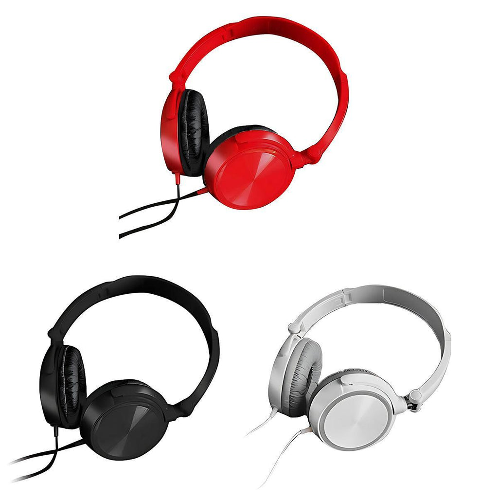 Red and black wired on-ear headphones with foldable design and adjustable telescopic headband — view 2