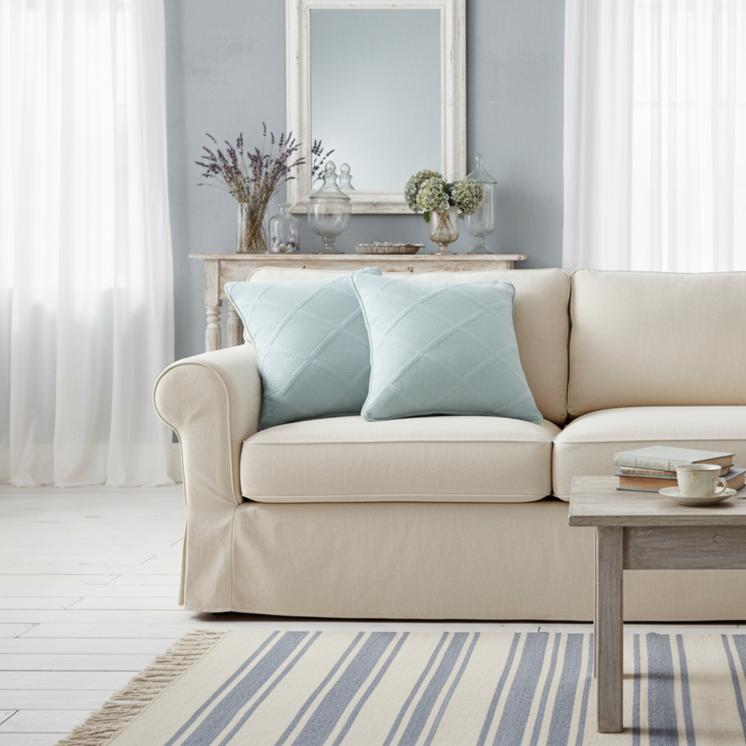 Seafoam blue cotton cushion cover with geometric diamond matelasse stitching on a comfortable bed — view 4