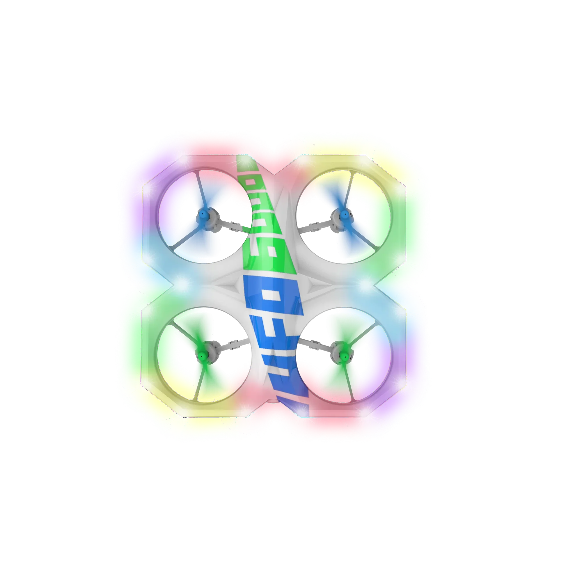 Mini RC stunt aerial drone with glowing multicolor LED propeller guards and compact remote control — view 2