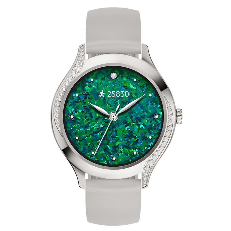 Women's fashion smart watch with diamond bezel, displaying digital fitness tracking face and elegant wristband — view 3