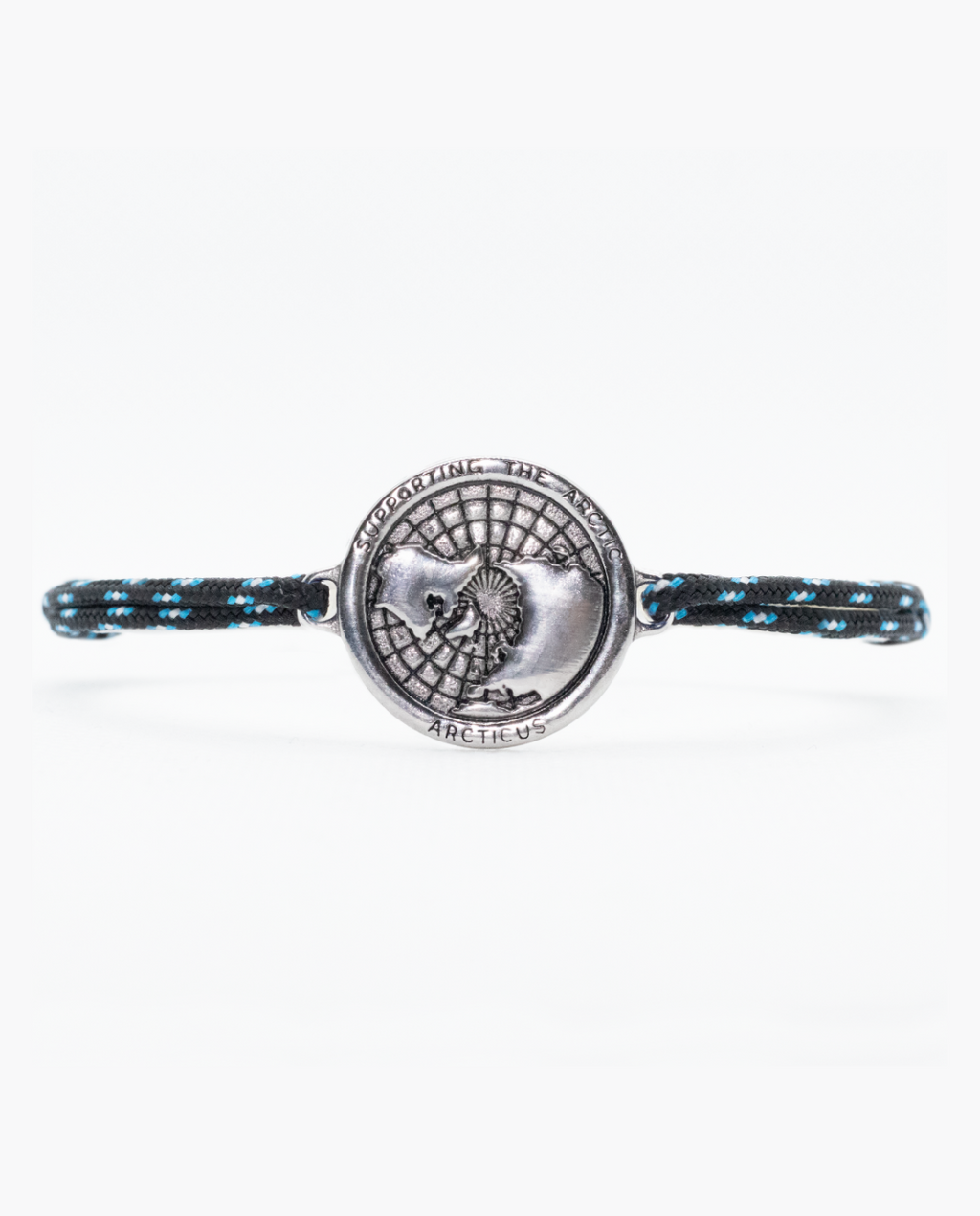Arctic Circle black rope bracelet with stainless steel map charm and blue lines detail