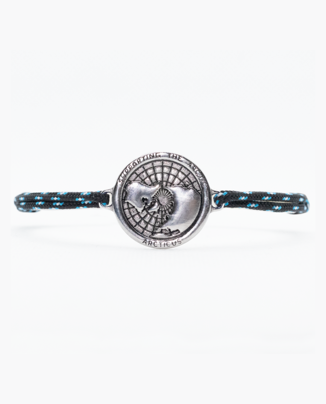 Arctic Circle black rope bracelet with stainless steel map charm and blue lines detail