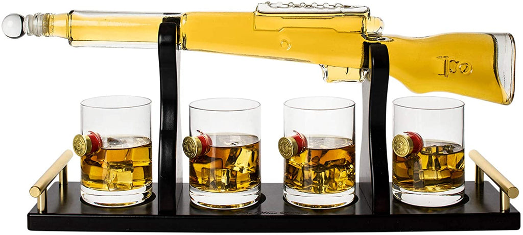 Handcrafted glass rifle whiskey decanter set with wooden display stand and four bullet glasses — view 5