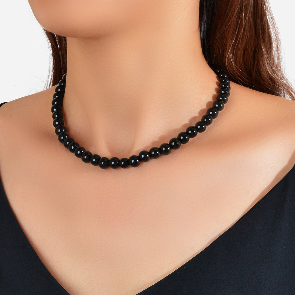 Retro black and white beaded choker collar necklace for women featuring an adjustable length design — view 5