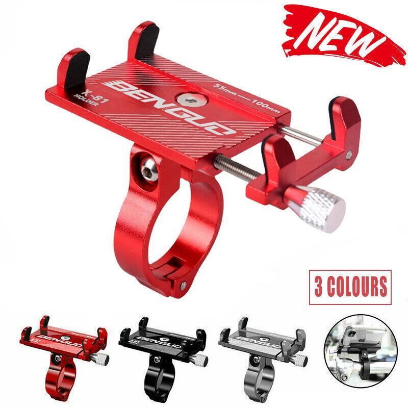 Aluminium alloy bicycle phone holder attached to a handlebar, securing a smartphone.
