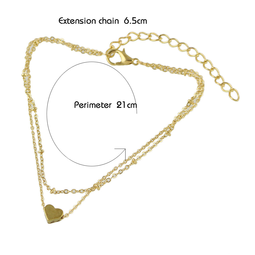 Boho chic gold heart charm anklet with double layer chain for summer beachwear — view 5