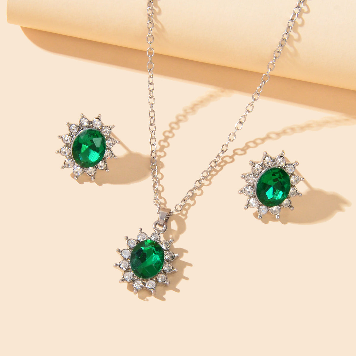 Blue simulated gemstone jewelry set with adjustable charm necklace and matching stud earrings for women — view 4