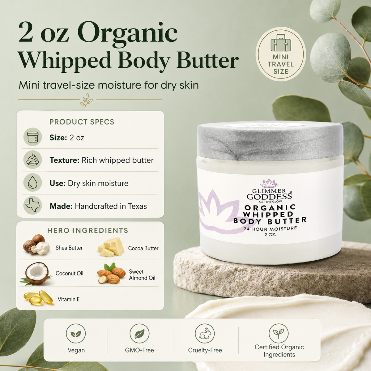 Organic Whipped Body Butter 2 oz – Mini Travel Size for Dry Skin & Eczema-3