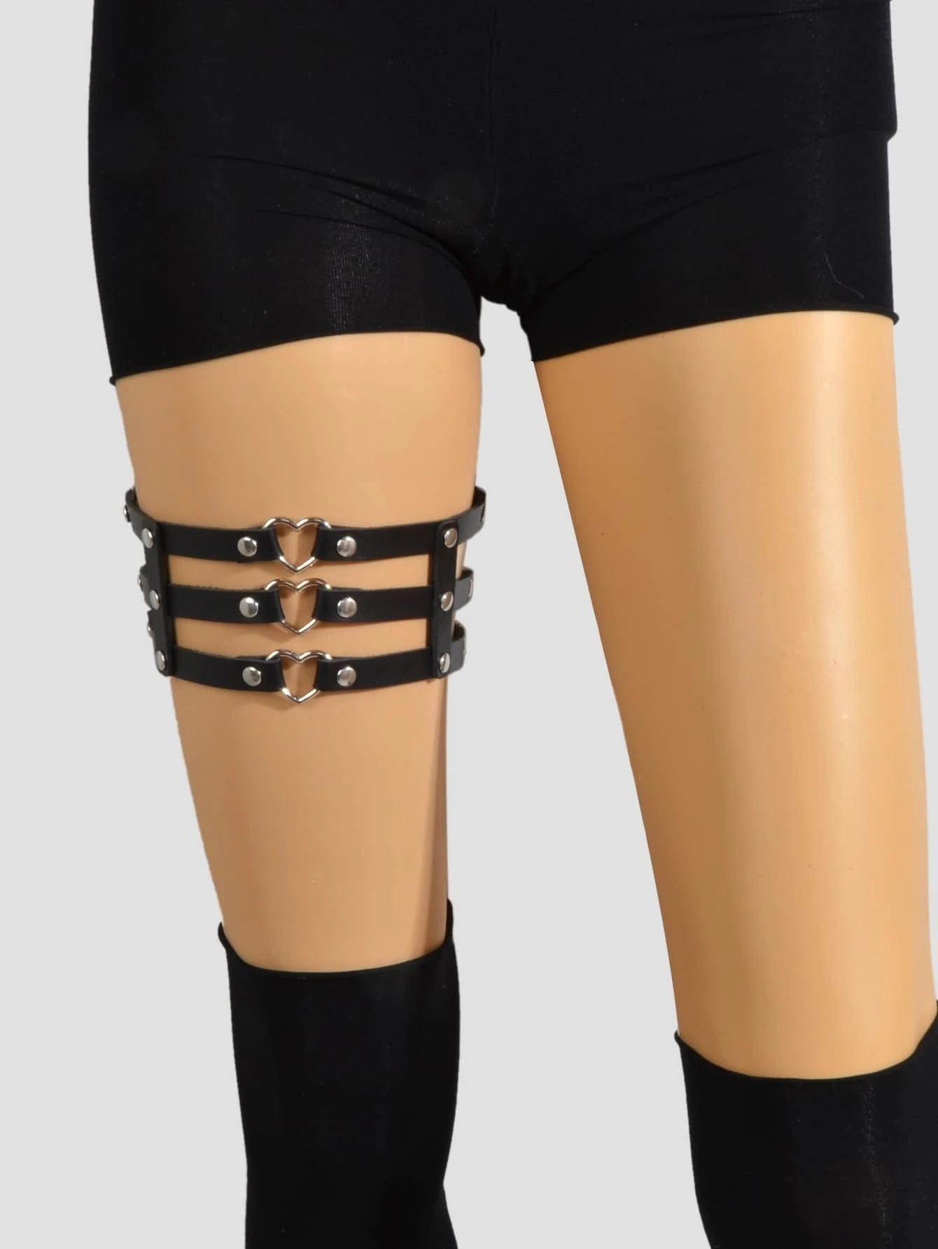 Punk gothic black PU leather elastic leg chain thigh harness with silver metal ring hardware