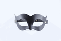 Handmade black leather fetish mask with gold-tone rivets and adjustable buckle strap for a secure fit.