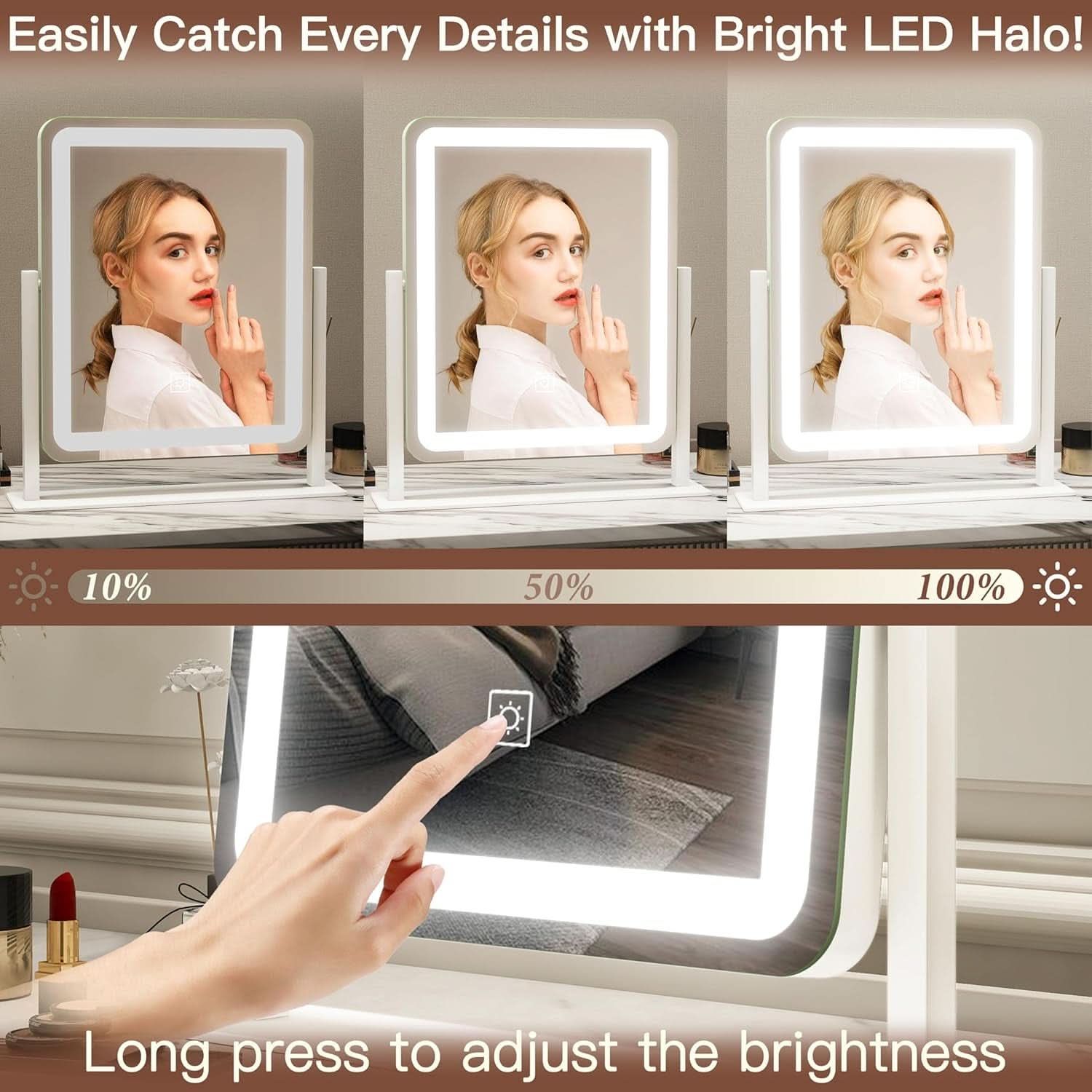 LED lighted vanity mirror with aluminum frame and smart touch controls on a desktop. — view 2