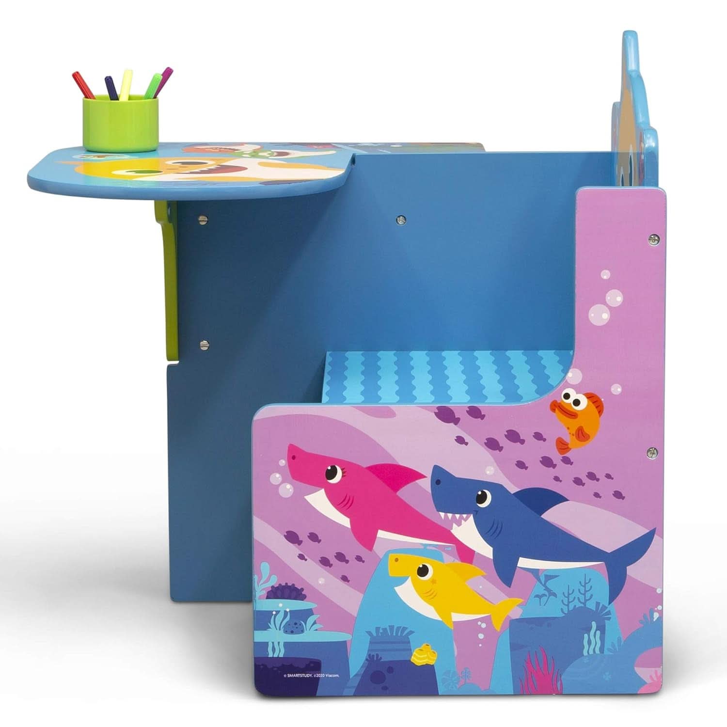 Baby Shark themed kids desk chair with under seat storage bin and cup holder — view 5