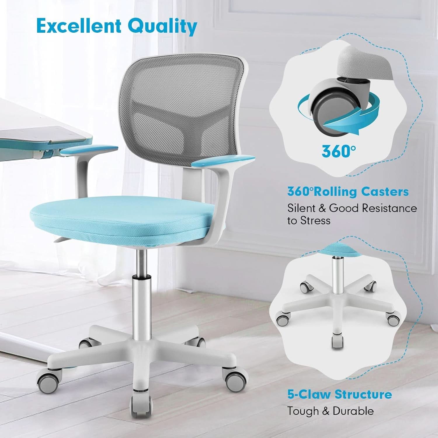 Ergonomic blue kids desk chair with breathable mesh back, adjustable height, and rolling casters — view 4