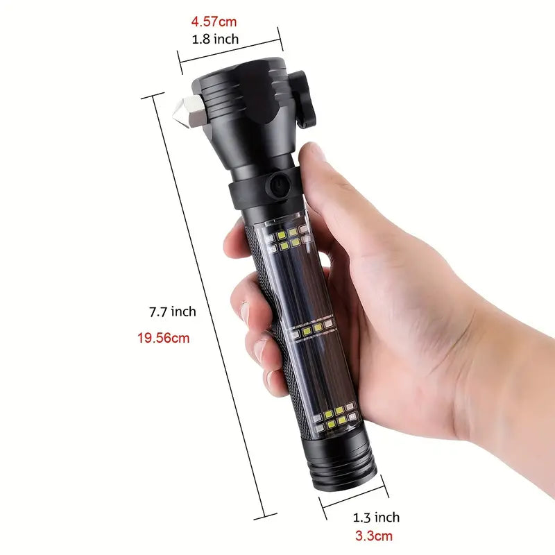 Black multi-functional 5-in-1 solar power LED flashlight with survival compass, hammer, and seatbelt cutter. — view 5
