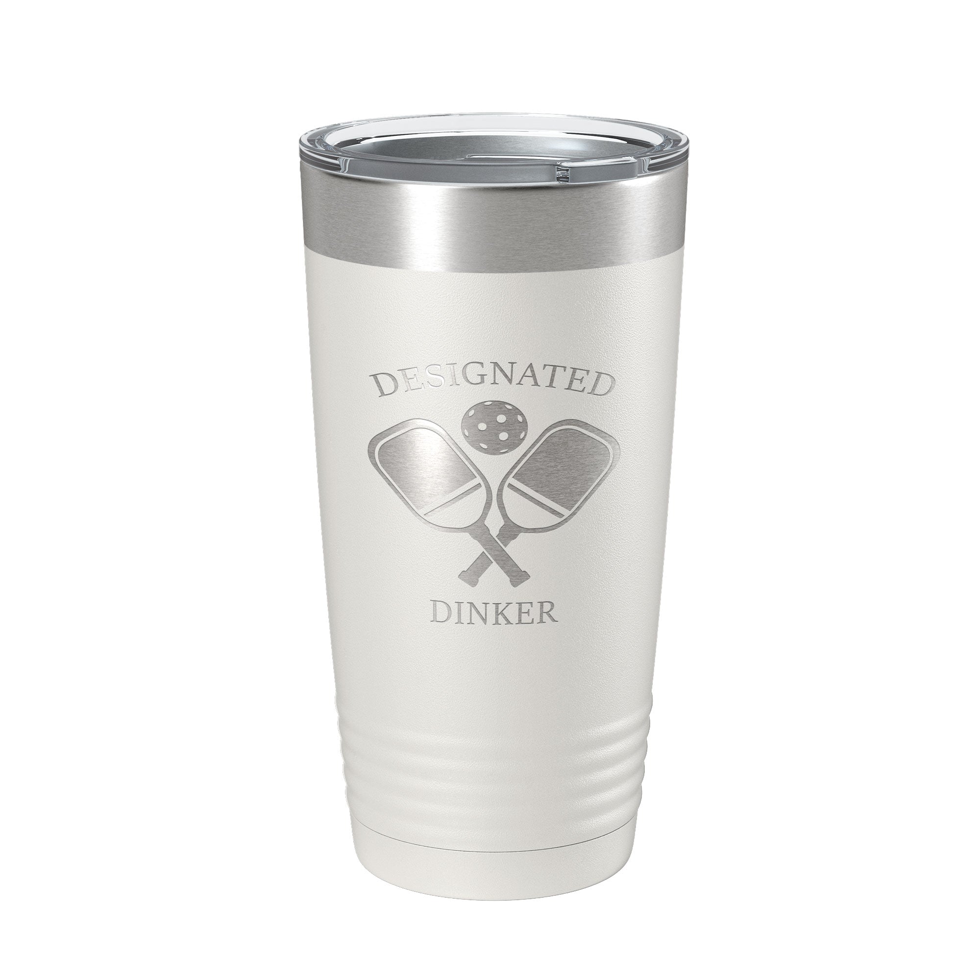 Laser engraved 20oz Designated Dinker insulated stainless steel pickleball tumbler with clear lid — view 2