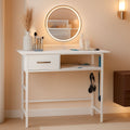 Compact white cosmetic vanity desk with integrated charging station, fabric drawer, and solid wood top.