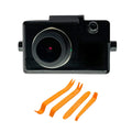 Black ABS plastic car dash camera driving recorder with a convenient pry tool for vehicle installation