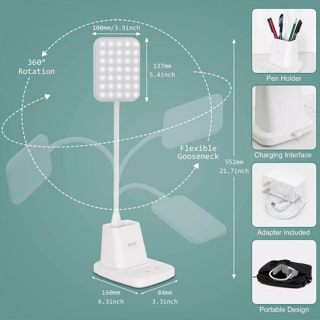 White LED desk lamp with built-in wireless charger pen holder and flexible gooseneck for office organization — view 5