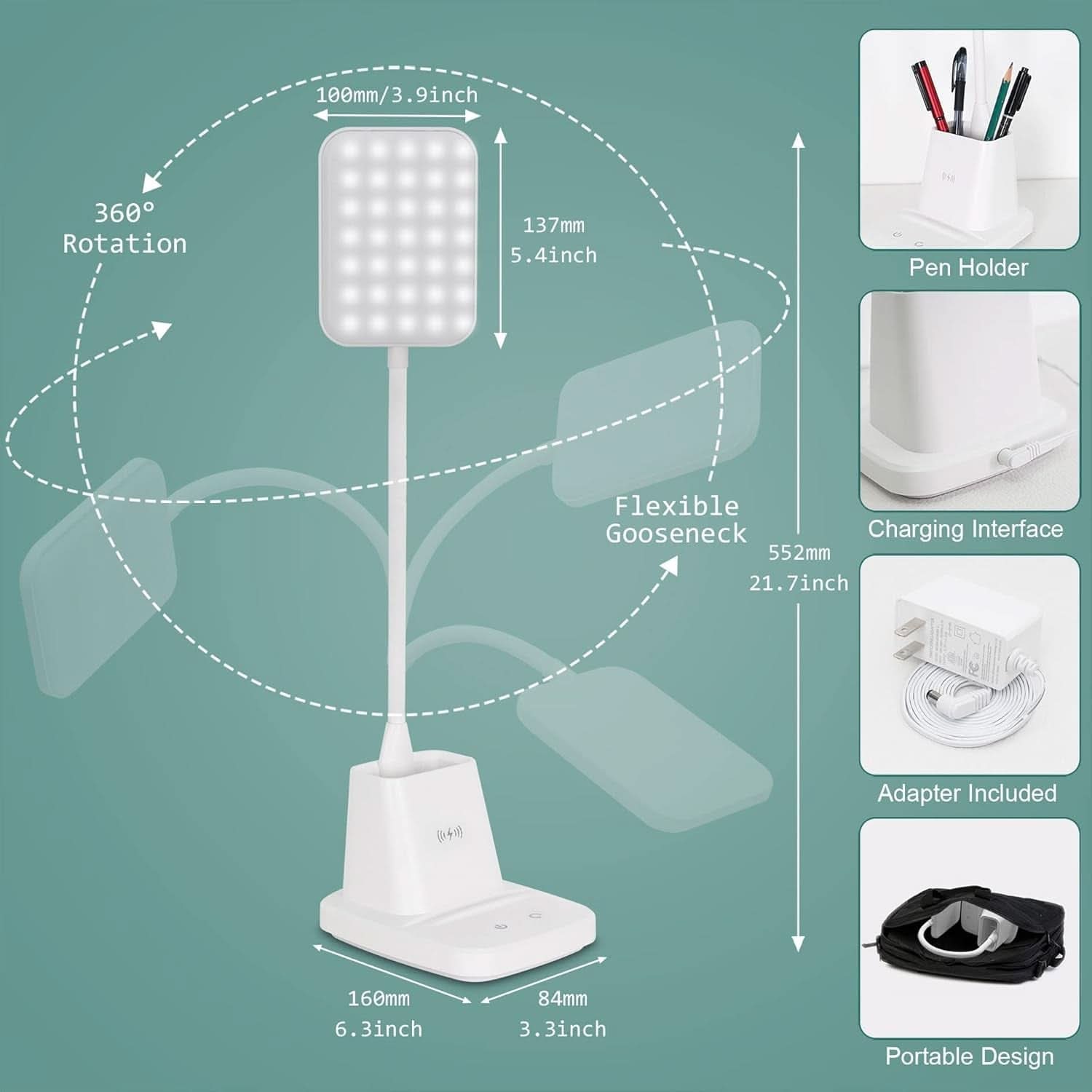 White LED desk lamp with built-in wireless charger pen holder and flexible gooseneck for office organization — view 5