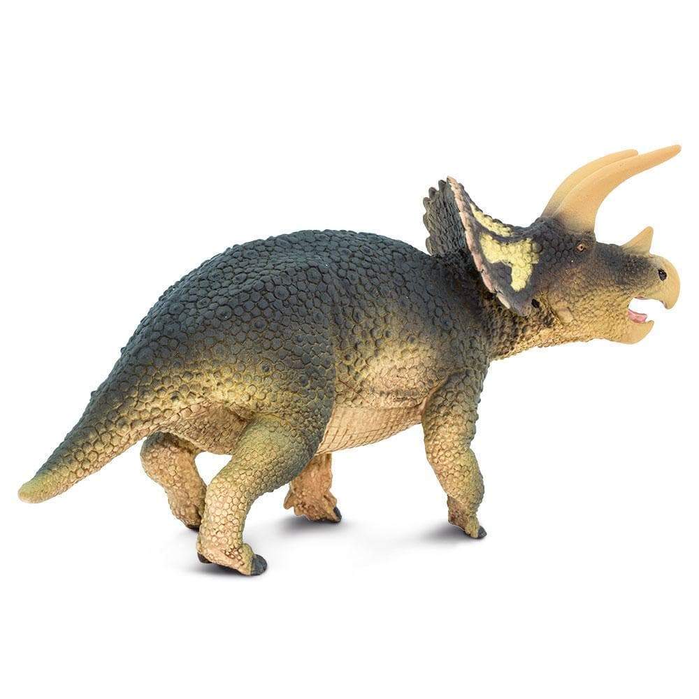 Detailed Triceratops dinosaur toy figure with large horns and scaly texture in a rearing pose — view 4