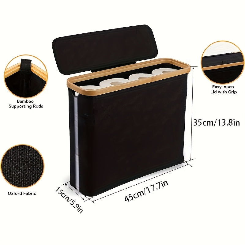 Black boho-chic bamboo toilet paper holder and over-the-tank storage basket with lid — view 2