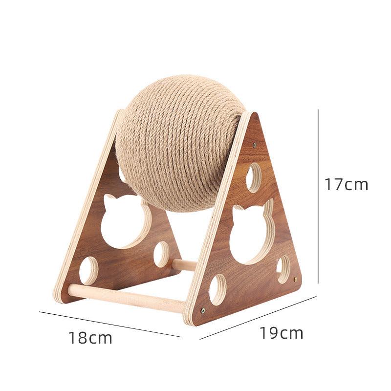 Wooden cat scratcher toy with natural sisal rope spinning ball on a solid wood frame — view 2