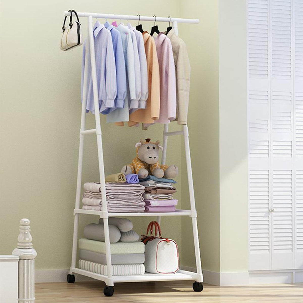 Triangle metal coat rack with hanging rod and bottom shelves in black and white finish — view 4