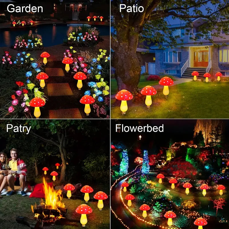 Set of 8 red solar mushroom garden lights with ground stakes for outdoor pathway decoration — view 3
