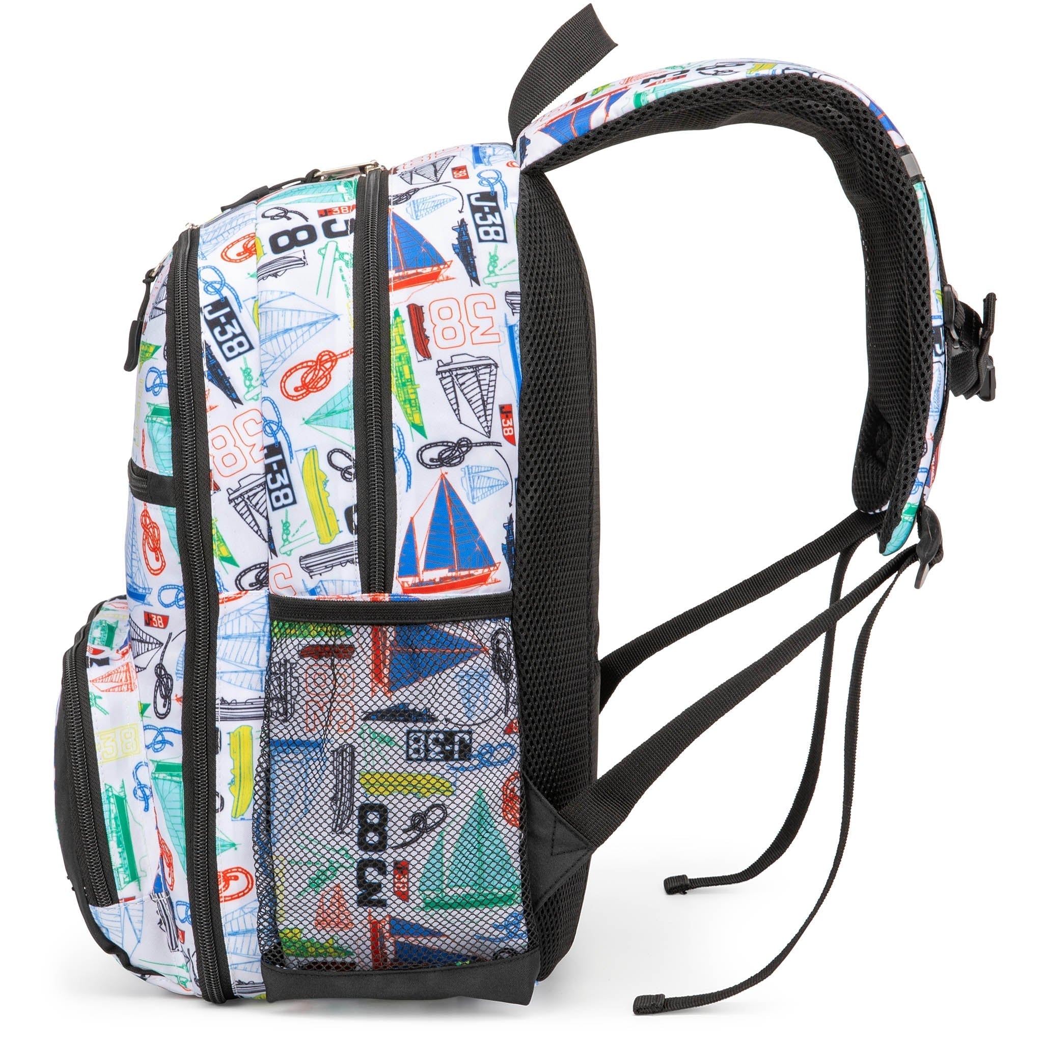Kids sailboat print backpack in durable water-resistant polyester with padded shoulder straps and side bottle pockets — view 4
