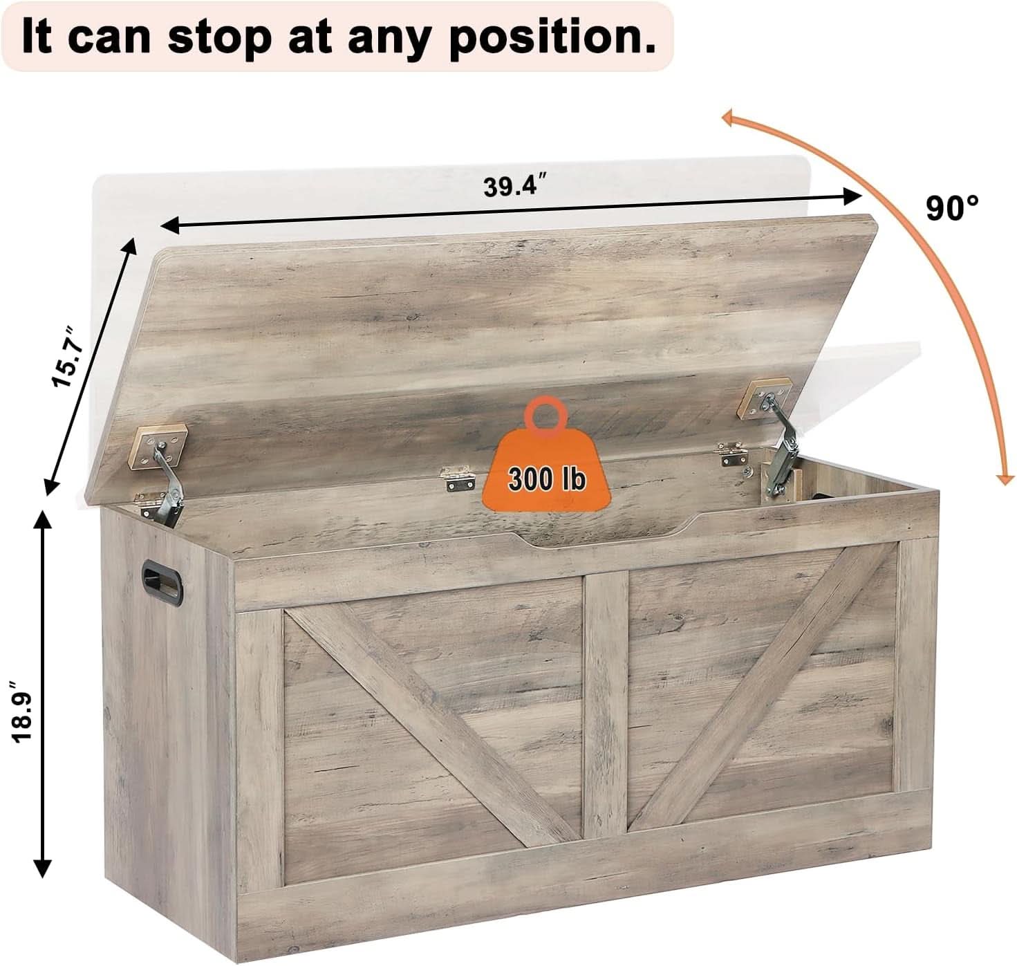 Grey wooden entryway storage bench with open lid revealing large interior compartment — view 3