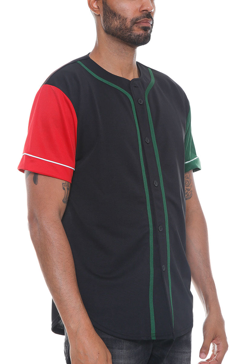 Corazon color block baseball jersey in green red and black with white contrast sleeve stripes — view 3