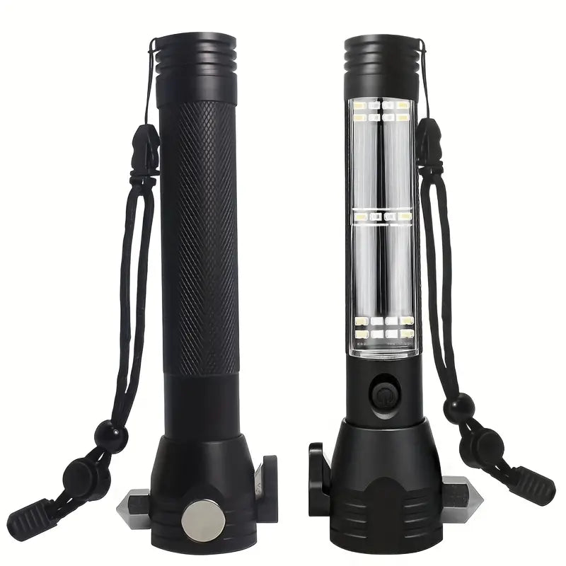 Black multi-functional 5-in-1 solar power LED flashlight with survival compass, hammer, and seatbelt cutter. — view 2