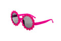 Hot pink kids daisy flower sunglasses with 3D frames and round smoke tinted lenses
