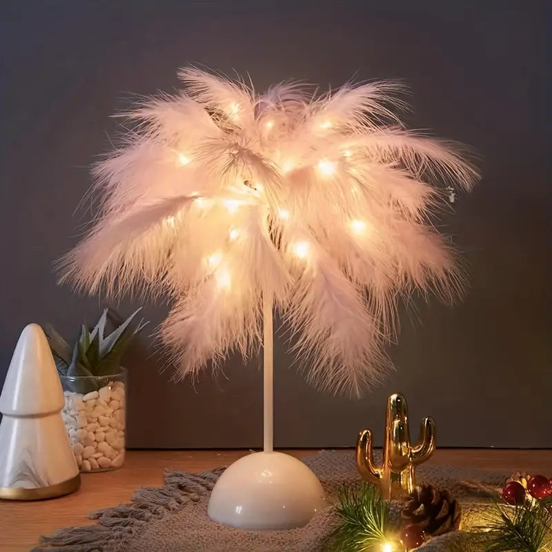 Pink feather touch table lamp emitting a soft cozy glow for bedroom interior decor — view 3