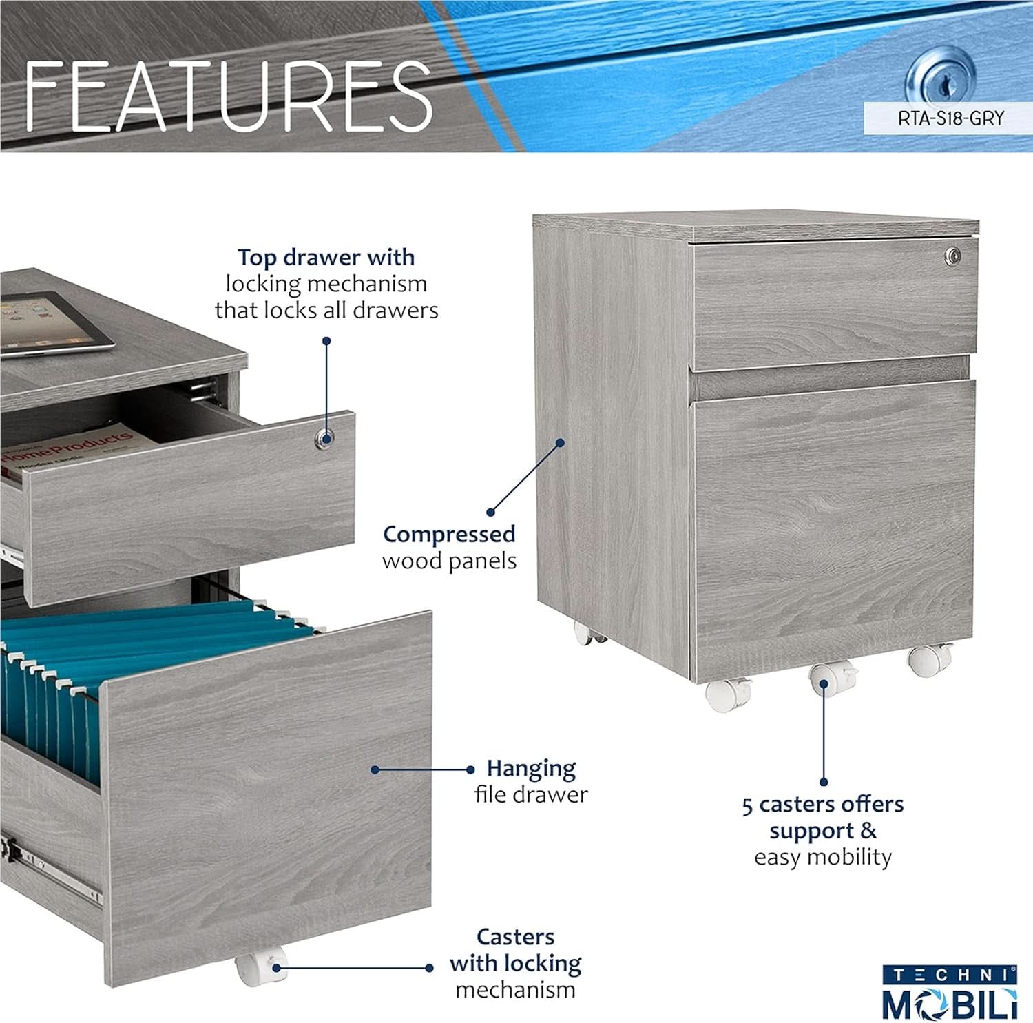 Grey rolling locking two drawer vertical filing cabinet with casters for modern home office spaces — view 4