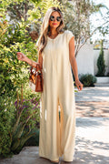 Louisa sleeveless ribbed knit wide leg jumpsuit with half button front in soft stretch fabric