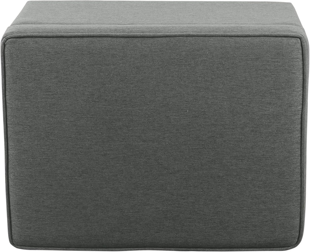 24 inch gray fabric hidden storage ottoman with hinged lid and dark walnut wood legs — view 5