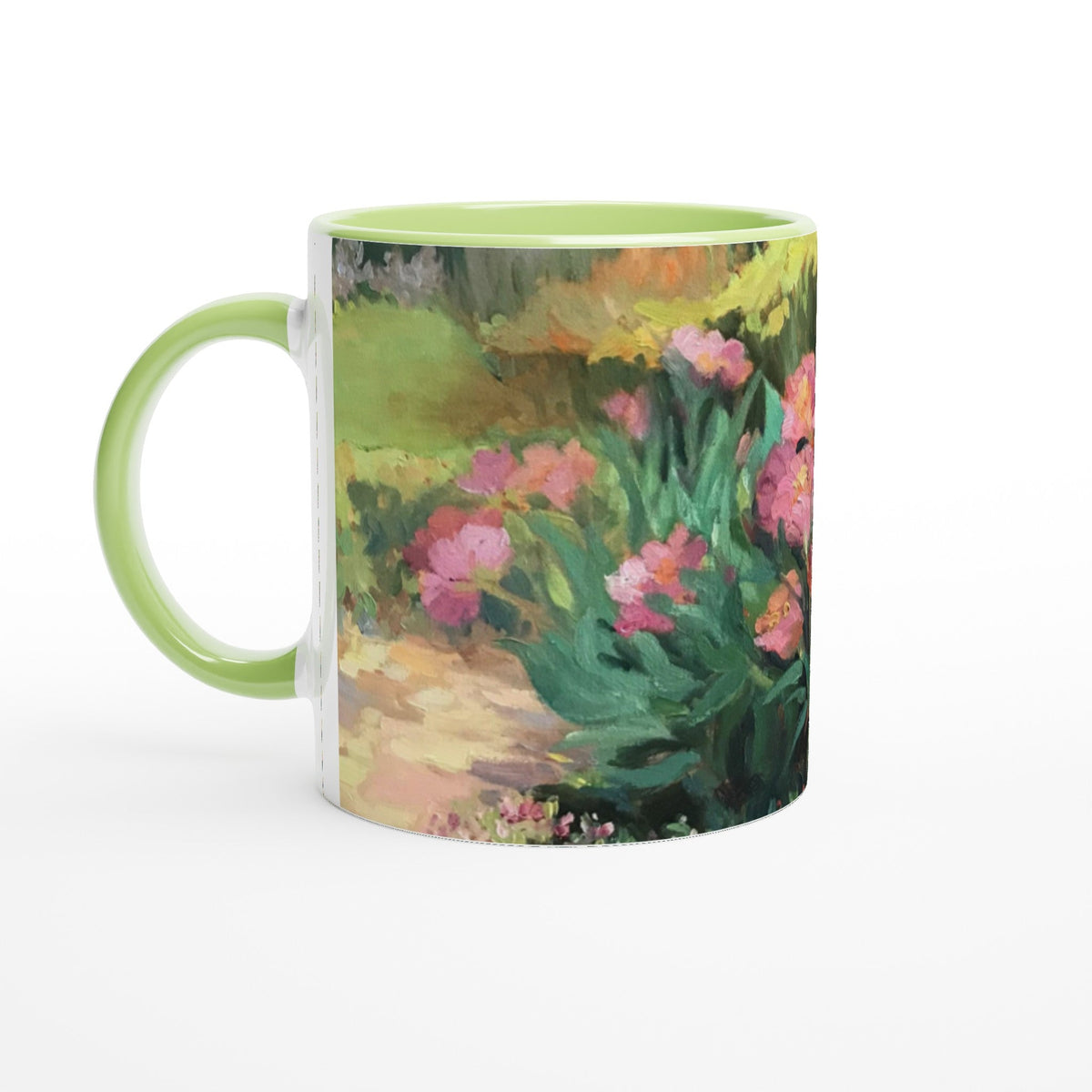 11oz White Ceramic Mug with Color Inside | Coffee Cup with 'Garden Peonies' Floral Artwork by American Artist Barbara Cleary-1