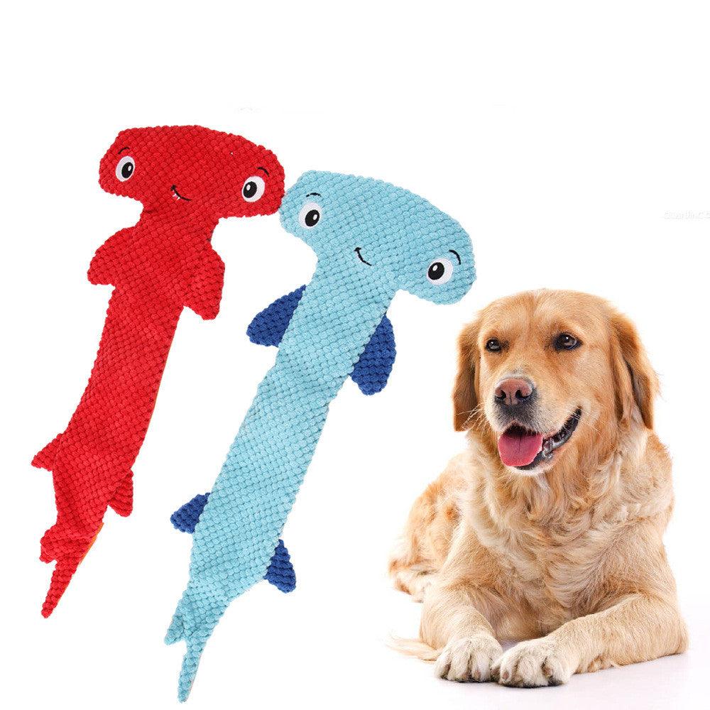Red and blue hammerhead shark squeaky dog toy made of durable polyester cloth.