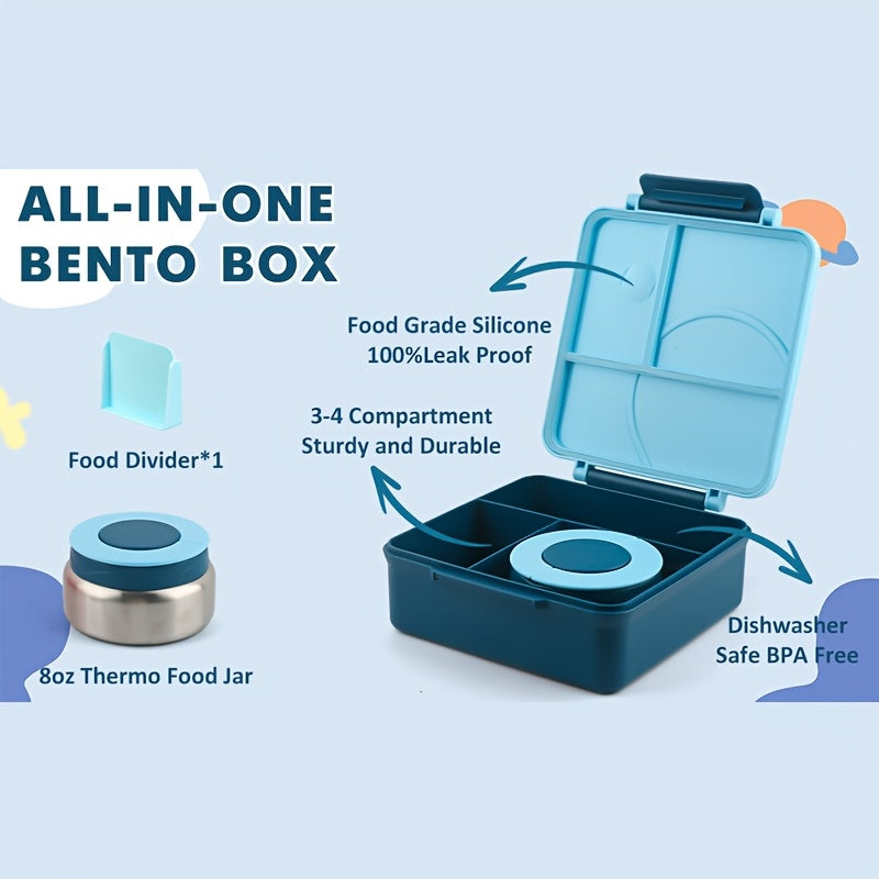 Blue cartoon kids thermos lunch box with four compartments and matching water bottle — view 2