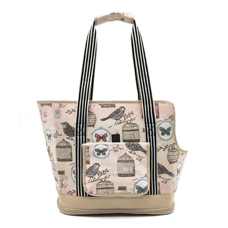 Portable pet travel shoulder bag in colorful patterned canvas with breathable mesh window for small animals — view 3