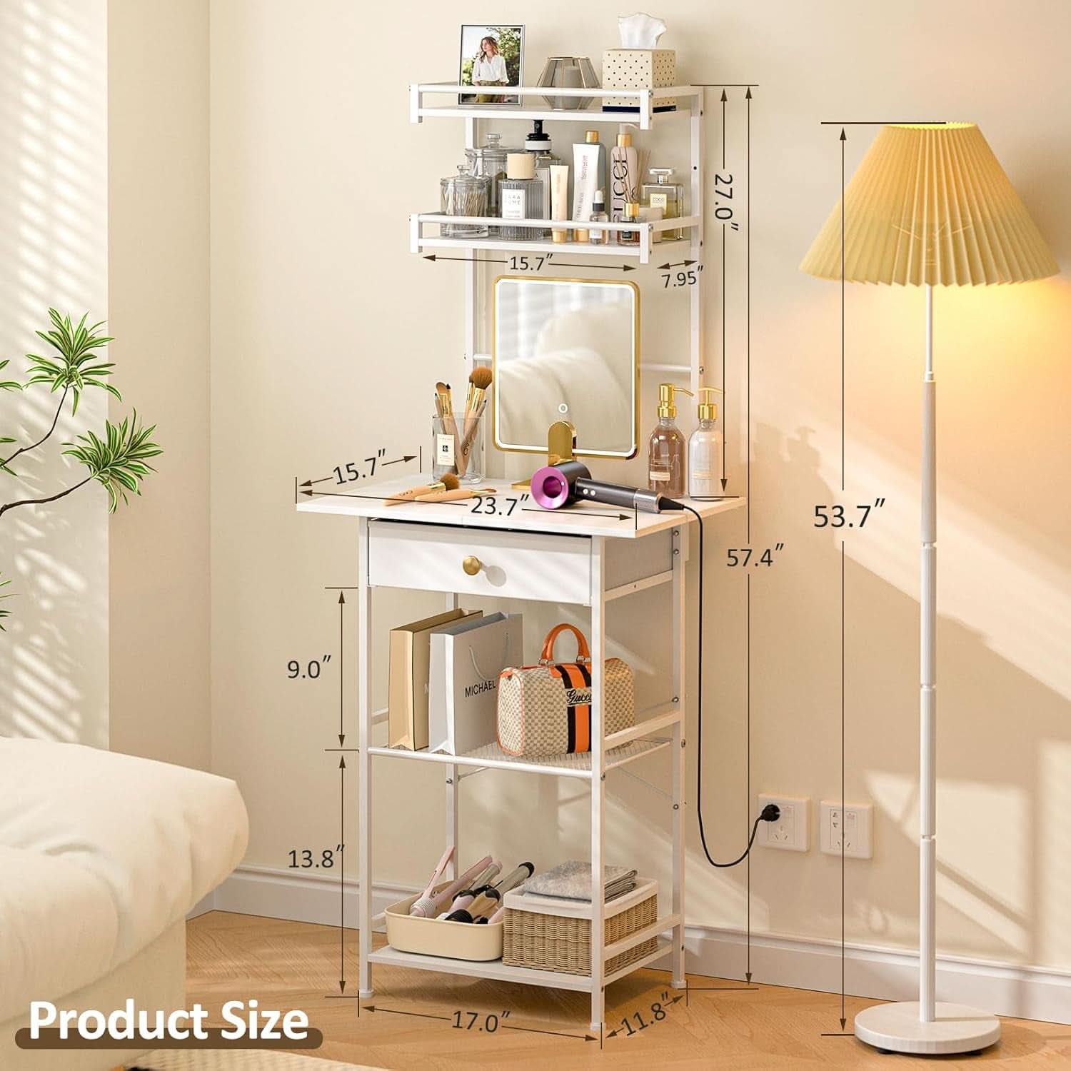 White ultra compact vanity desk with a large storage drawer and sturdy adjustable metal legs — view 4