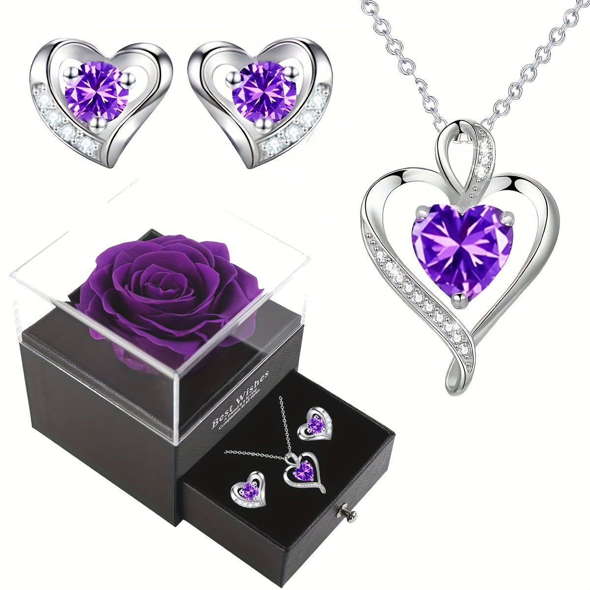 Elegant heart-shaped jewelry set featuring a necklace and earrings with purple cubic zirconia gemstones