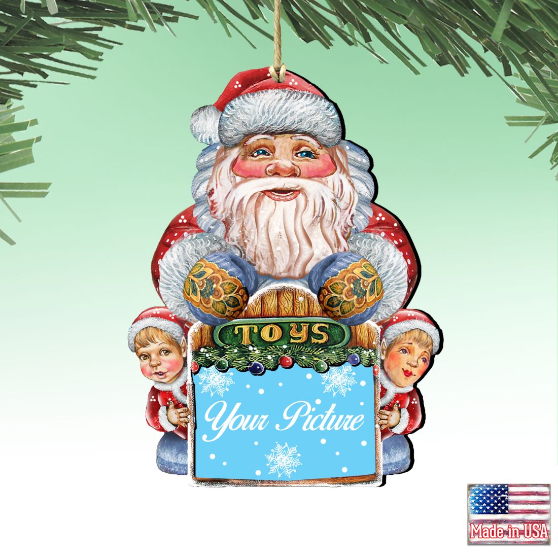 Santa picture frame ornament in handcrafted birch wood with vintage snowman and holiday art details
