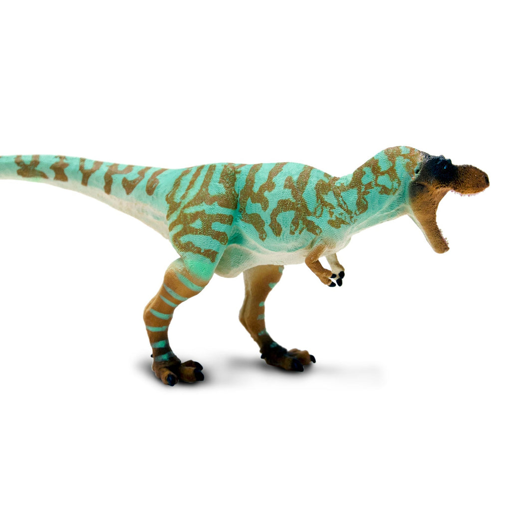 Albertosaurus toy dinosaur figure in brown and aqua camouflage pattern standing on white background — view 3