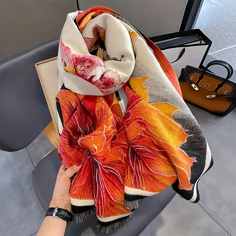 Women's orange botanical print winter scarf shawl wrap made of woven polyester — view 2